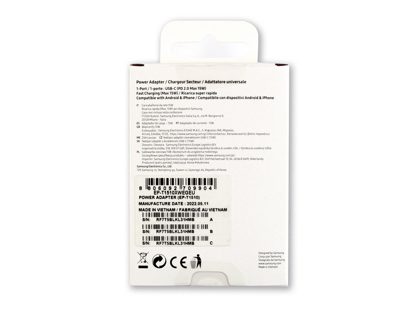 Samsung Fast Charger USB-C With Cable 100cm 15W White Original Retail Box