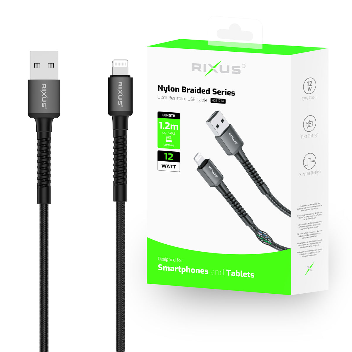 Rixus RXU71A Nylon Braided USB To Lightning Cable 1.2m Black