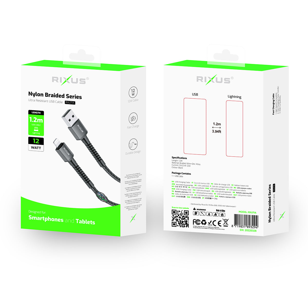 Rixus RXU71A Nylon Braided USB To Lightning Cable 1.2m Black