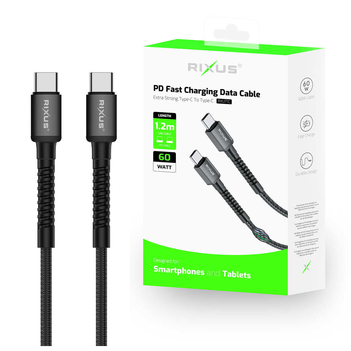 Rixus RXU71C Nylon Braided USB-C To USB-C Cable 1.2m Black