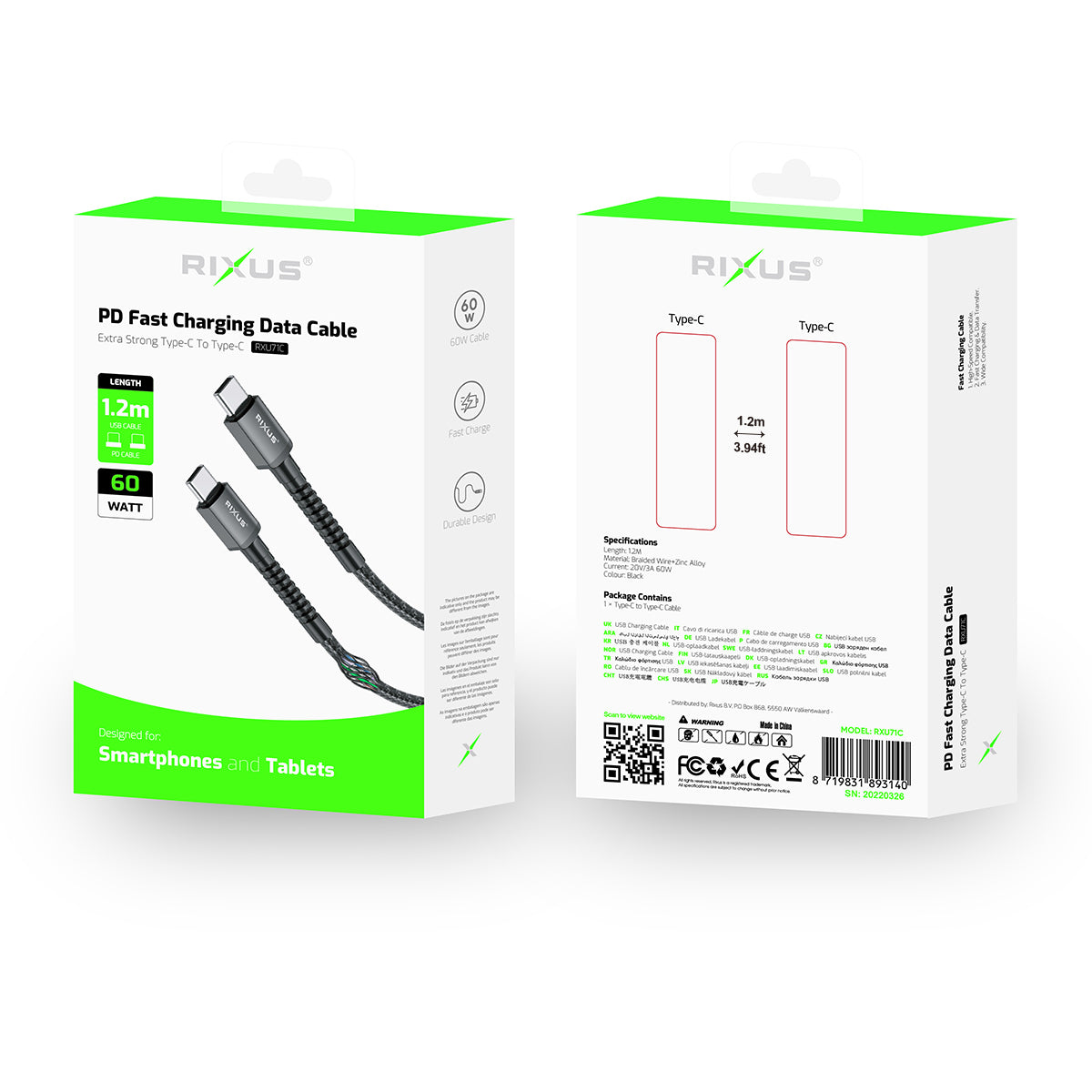 Rixus RXU71C Nylon Braided USB-C To USB-C Cable 1.2m Black