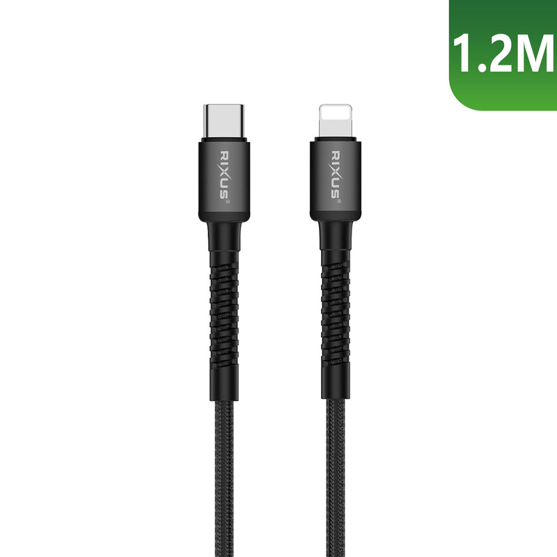 Rixus RXU71CA Nylon Braided USB-C To Lightning Cable 1.2m Black