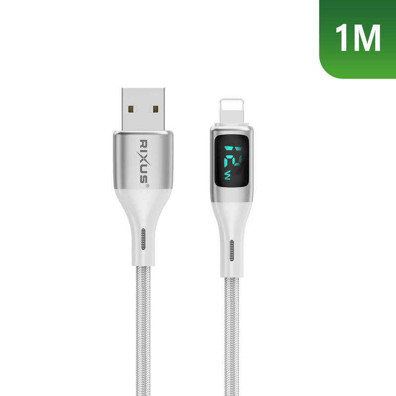 Rixus RXUC29AL Braided USB-A To Lightning Cable With LED Display White