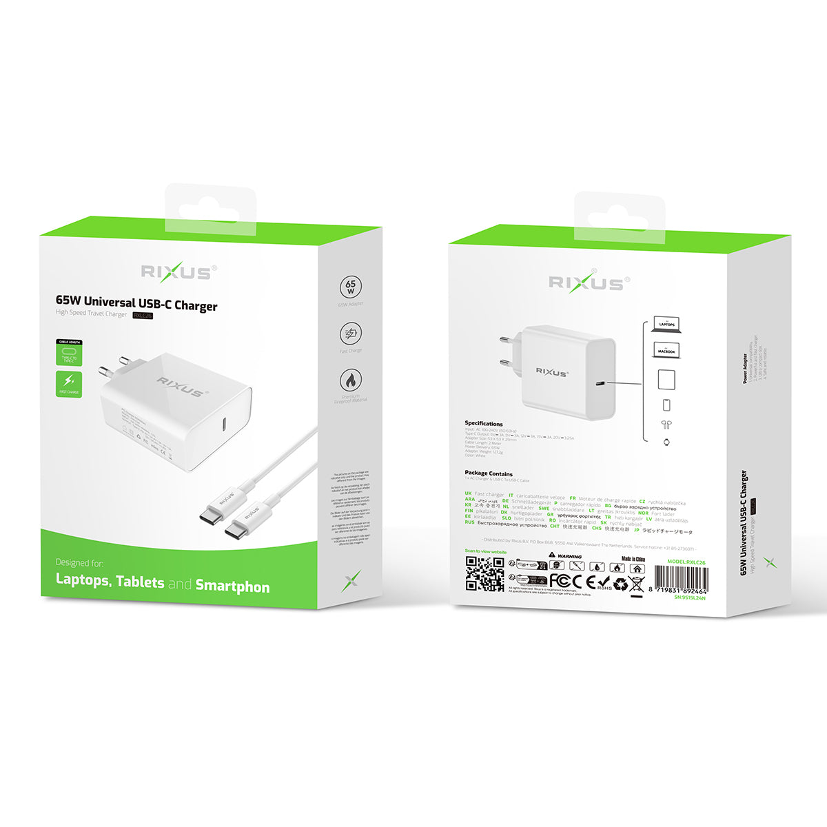 Rixus RXLC26 Universal USB-C Charger White