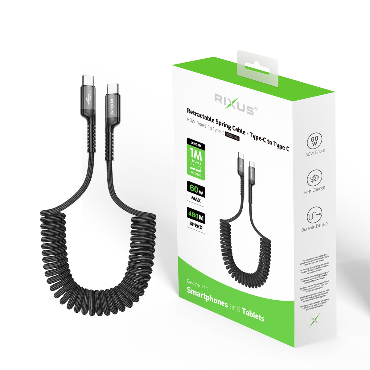 Rixus RXUC17C Retractable Spring Cable USB-C To USB-C Black