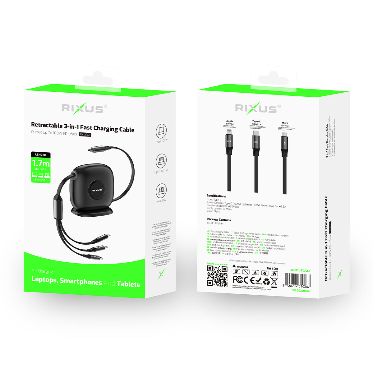 Rixus RXUC61 Retractable 3 in 1 Cable Desktop USB-C Fast Charger 1.7m 100W Black