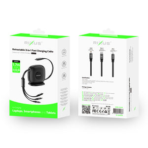 Rixus RXUC61 Retractable 3 in 1 Cable Desktop USB-C Fast Charger 1.7m 100W Black
