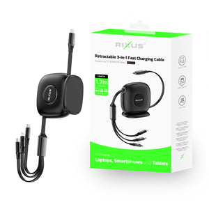 Rixus RXUC61 Retractable 3 in 1 Cable Desktop USB-C Fast Charger 1.7m 100W Black
