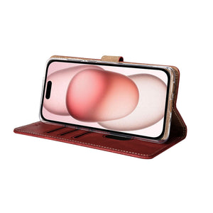 Rixus Bookcase For Apple iPhone 15 Dark Red
