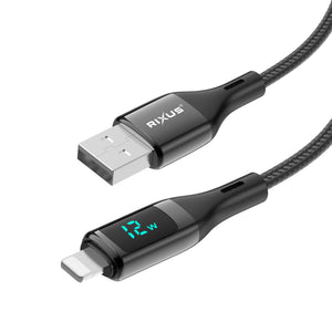 Rixus RXUC28AL Braided USB To Lightning Connector Cable With LED Display 1m Black