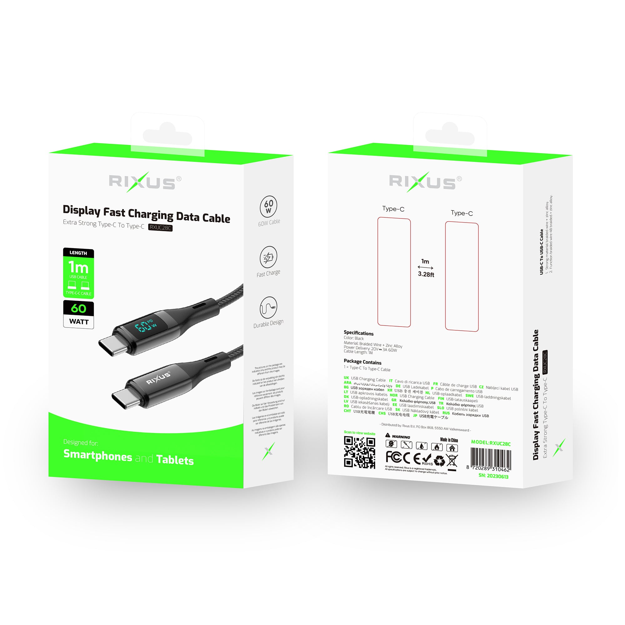 Rixus RXUC28AC Braided USB To USB-C Cable With LED Display 1m Black