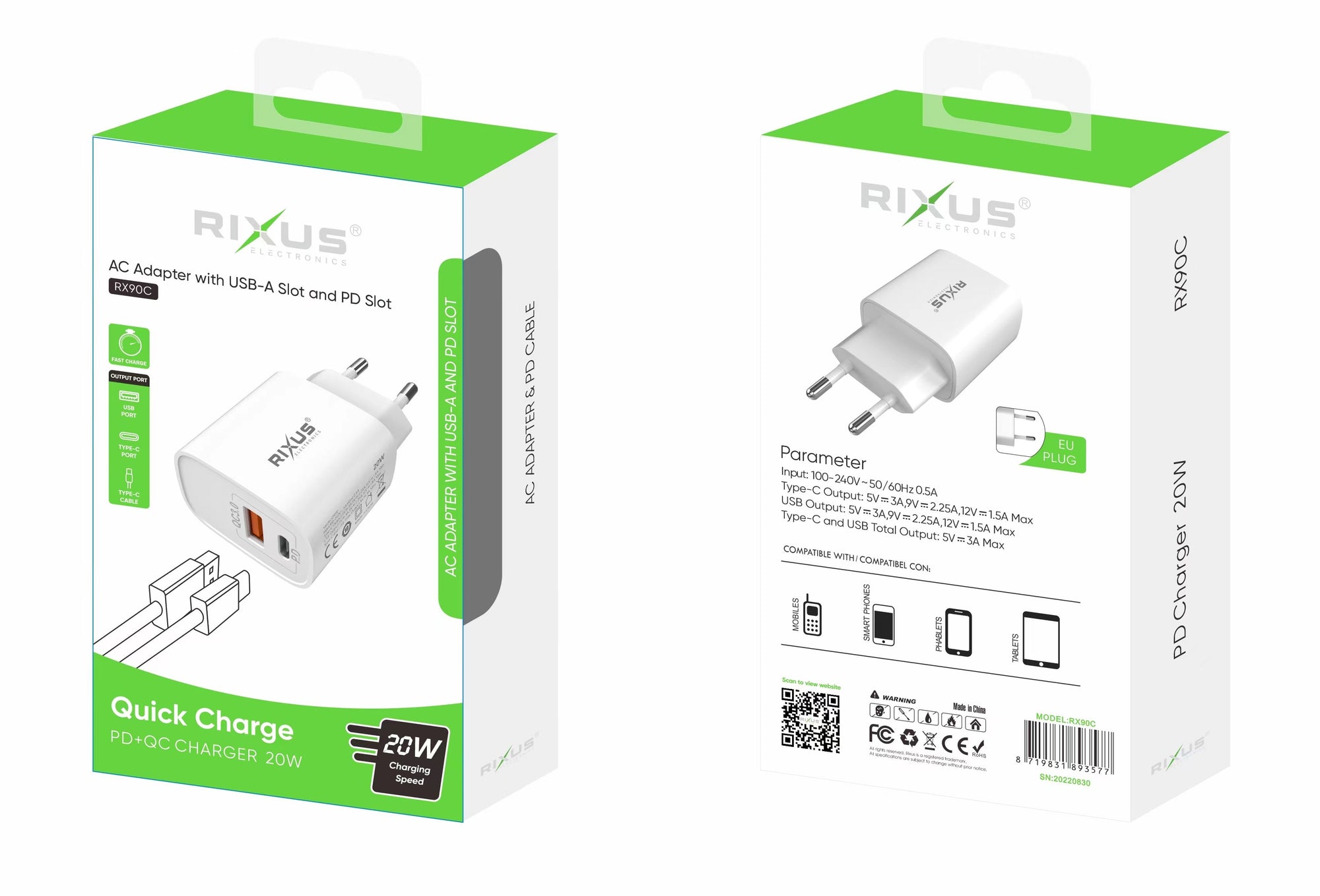 Rixus RX90C Quick Charge PD To USB-C And USB Slot 20W
