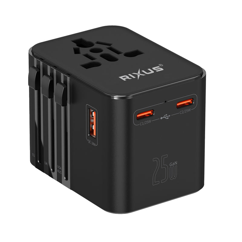 Rixus RX3425 World Travel Adapter 25W With 3 USB Ports Black