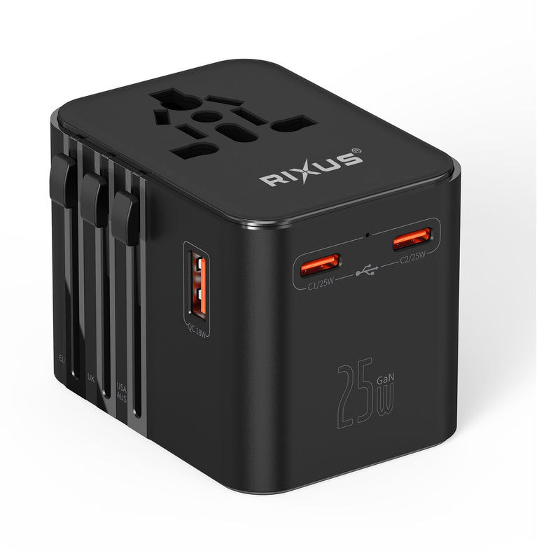 Rixus RX3425 World Travel Adapter 25W With 3 USB Ports Black