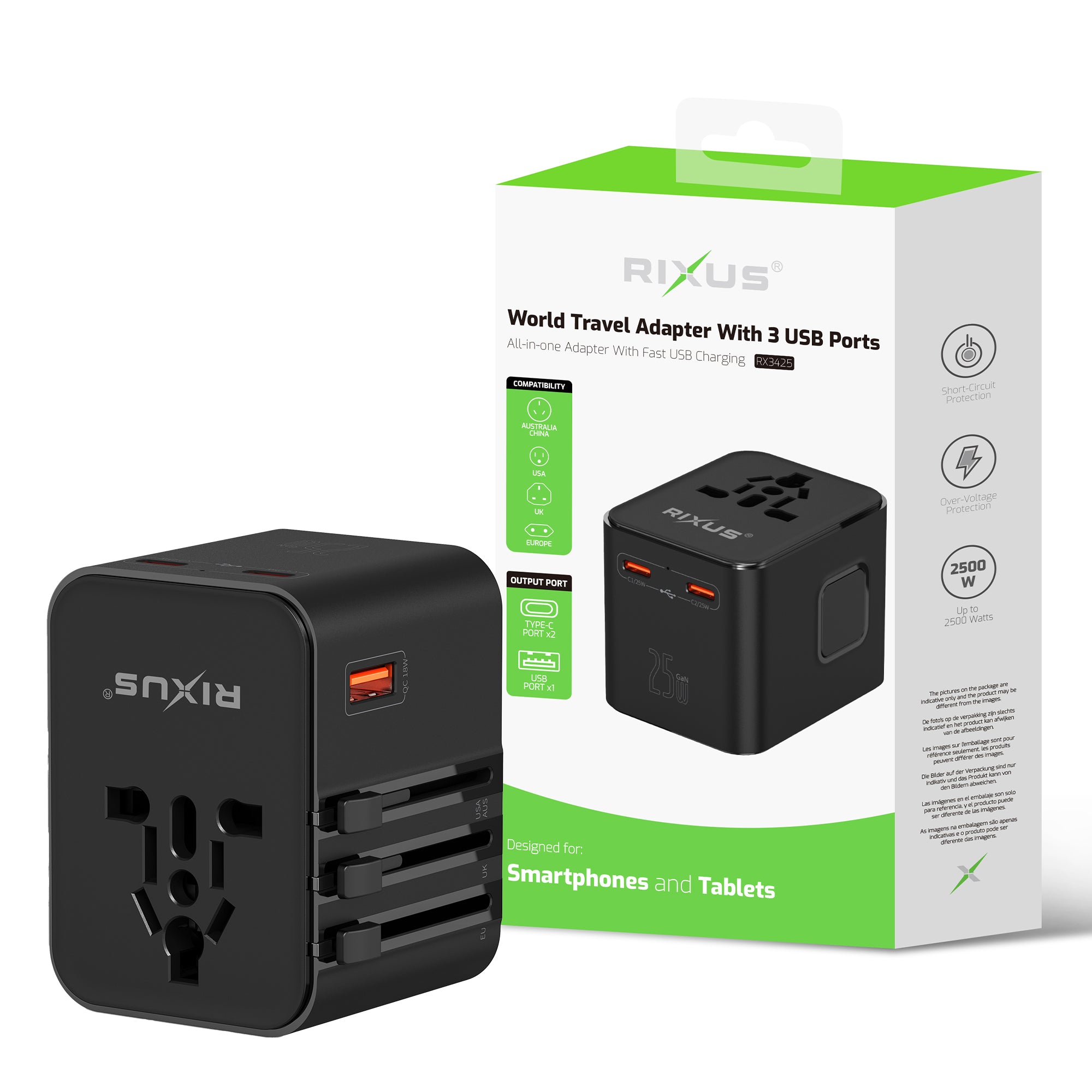 Rixus RX3425 World Travel Adapter 25W With 3 USB Ports Black