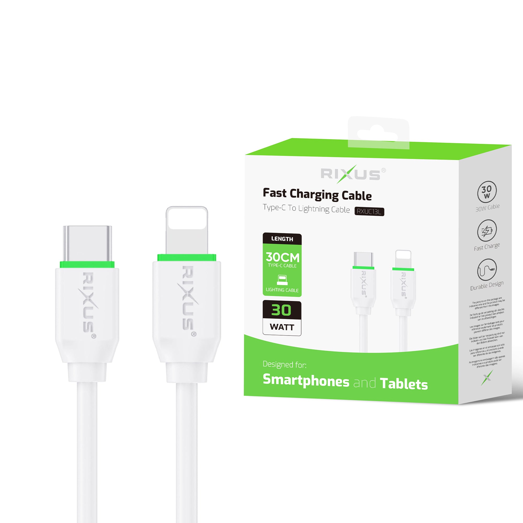 Rixus RXUC13L Fast Charging Cable USB-C To Lightning 30cm White