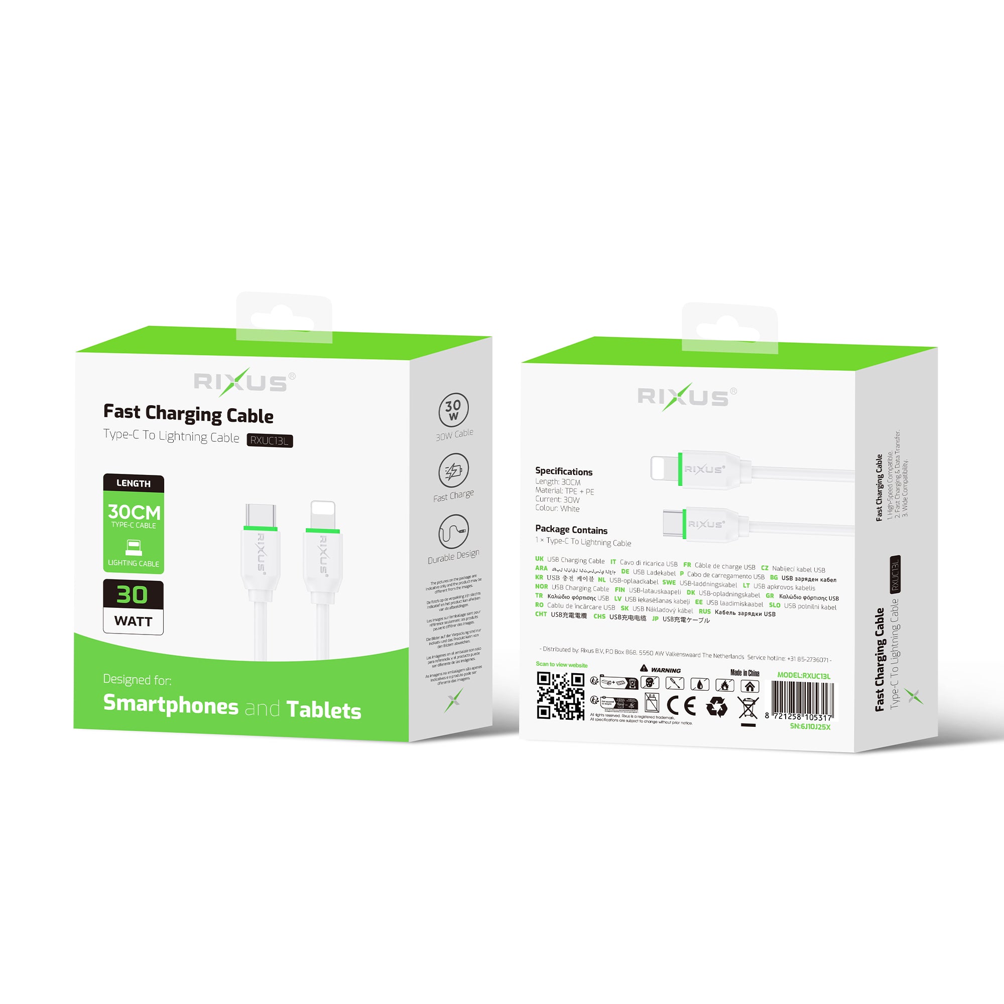 Rixus RXUC13L Fast Charging Cable USB-C To Lightning 30cm White