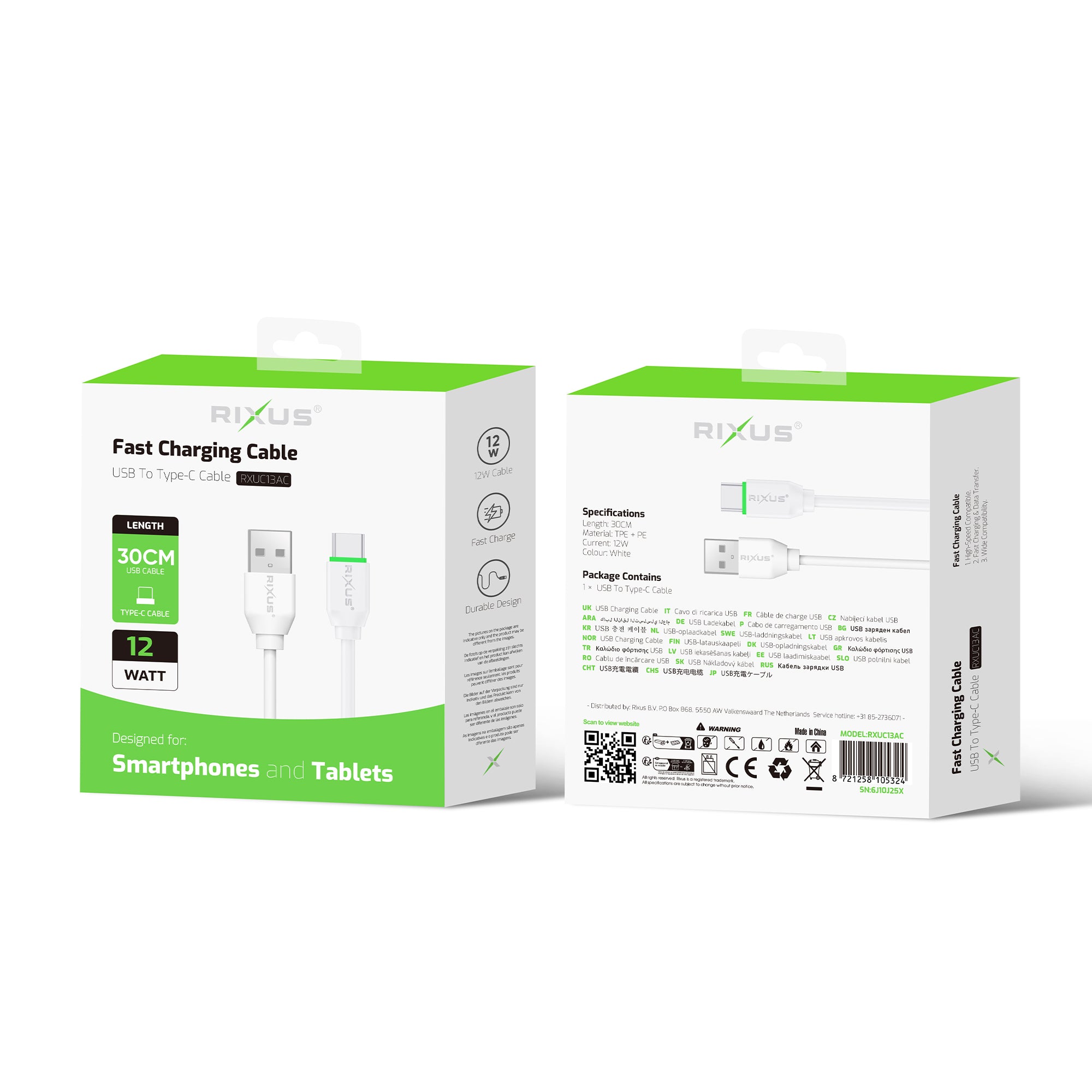 Rixus RXUC13AC Charging Cable USB-A To USB-C 30cm White