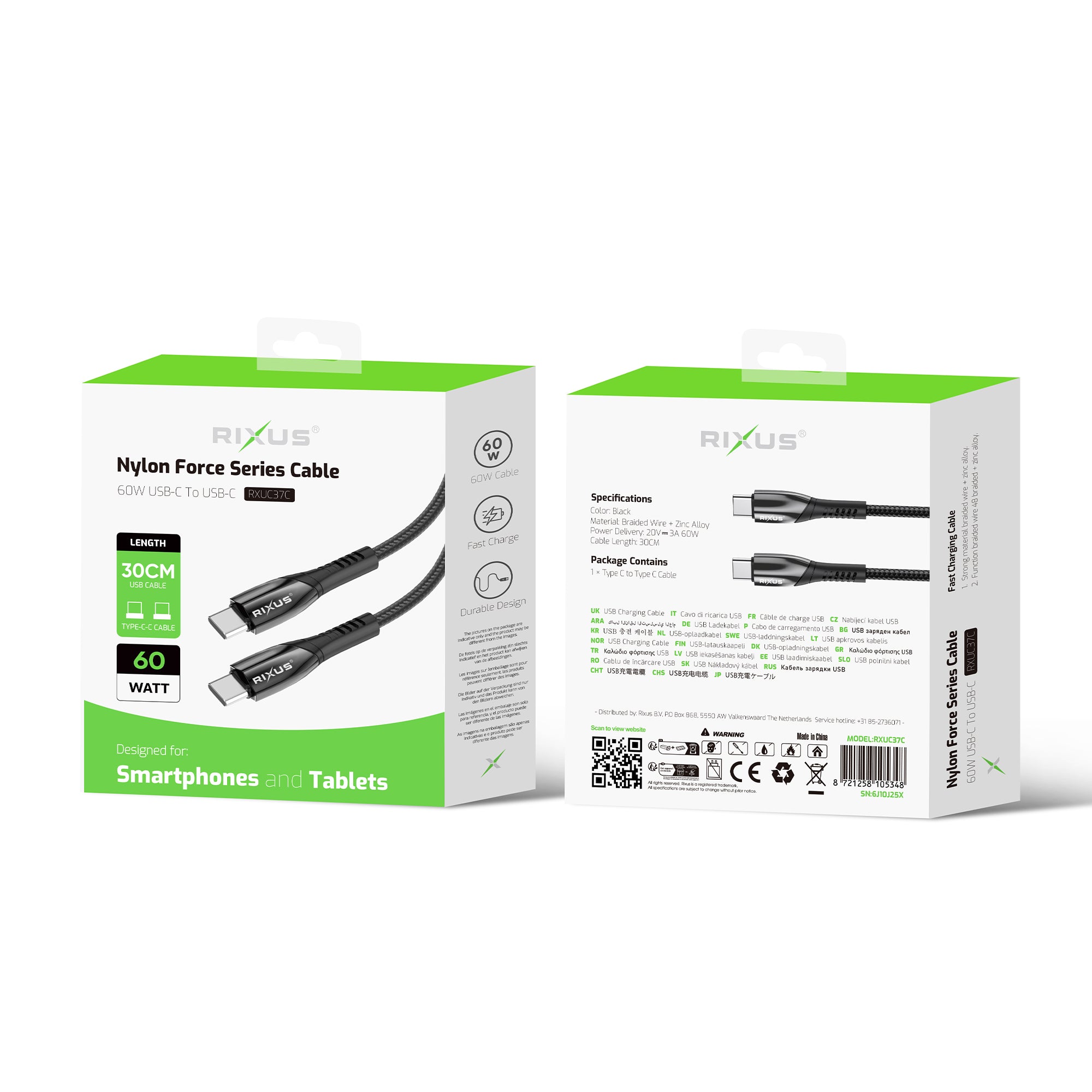 Rixus RXUC37C Fast Charging Cable USB-C To USB-C Braided Nylon 30cm Black