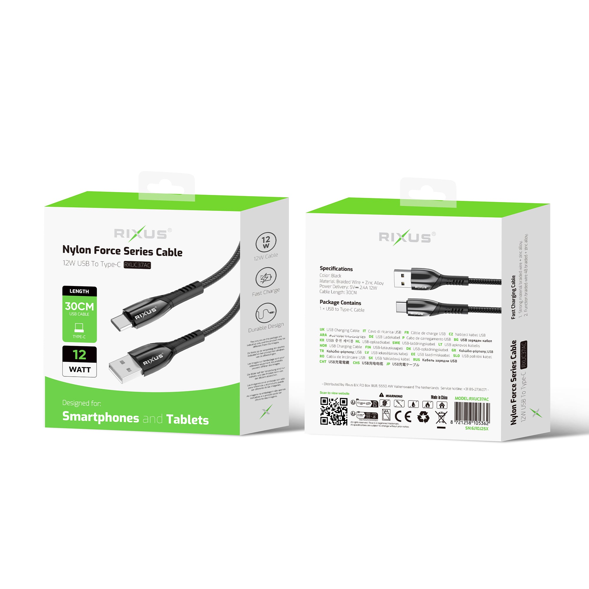 Rixus RXUC37AC Charging Cable USB-A To USB-C Braided Nylon 30cm Black