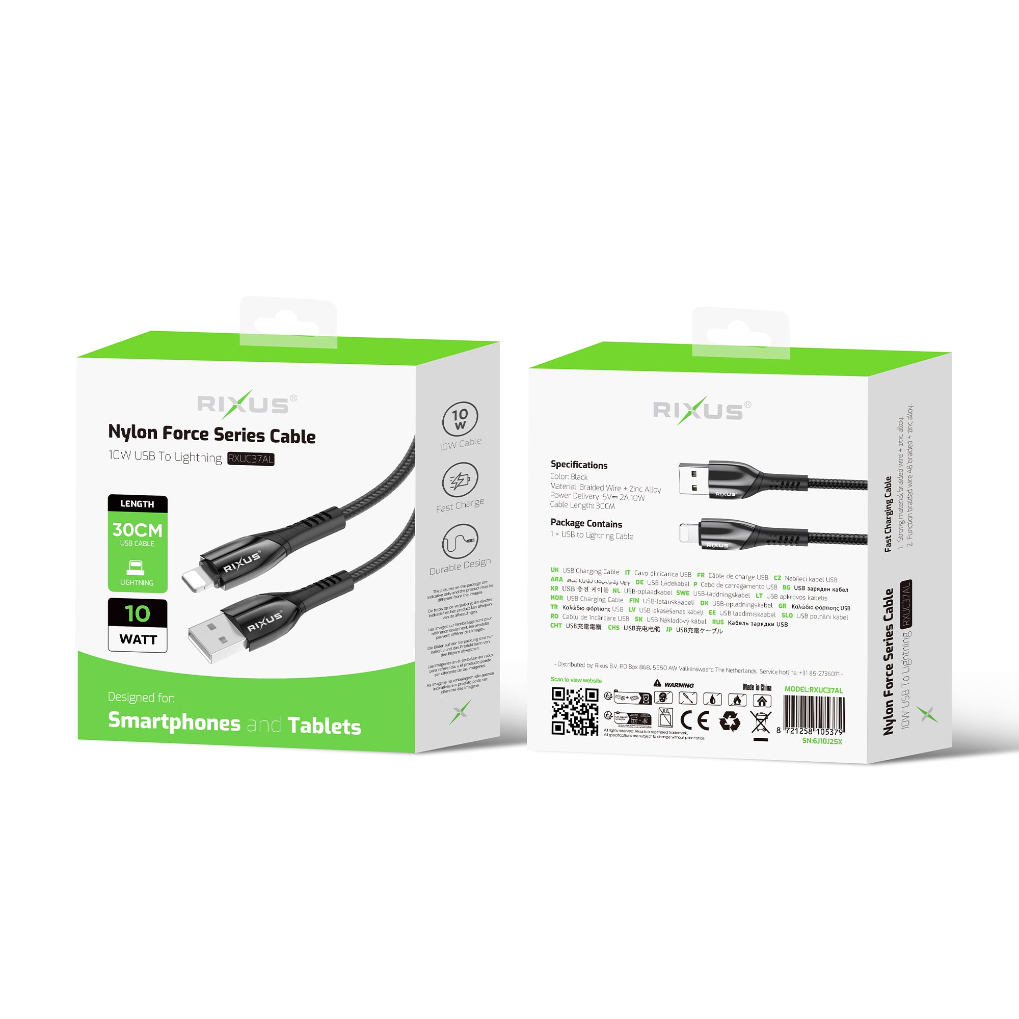 Rixus RXUC37AL Charging Cable USB-A To Lightning Nylon 30cm Black