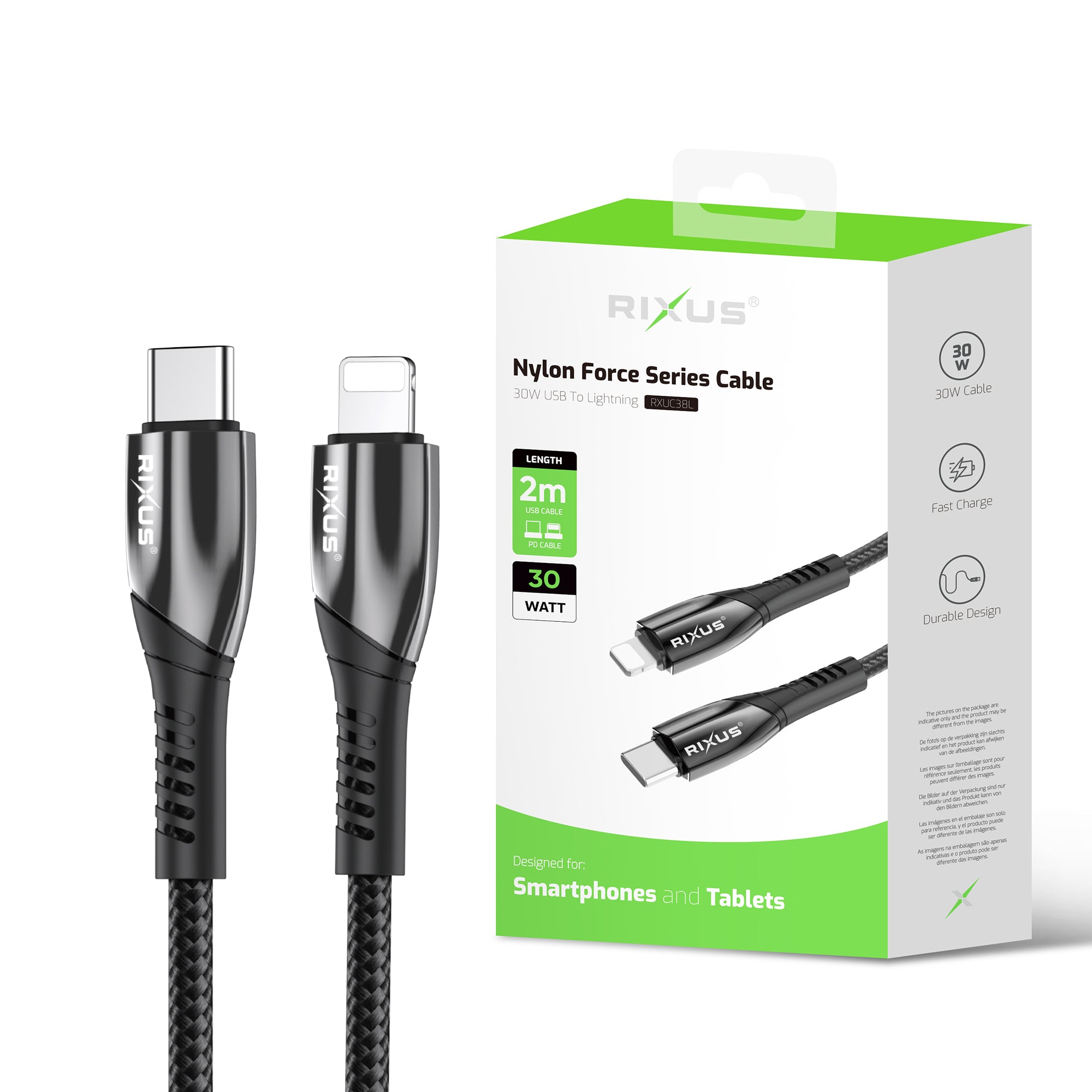 Rixus RXUC38L Fast Charging Cable USB-C To Lightning Nylon 2m Black