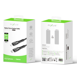 Rixus RXUC38L Fast Charging Cable USB-C To Lightning Nylon 2m Black