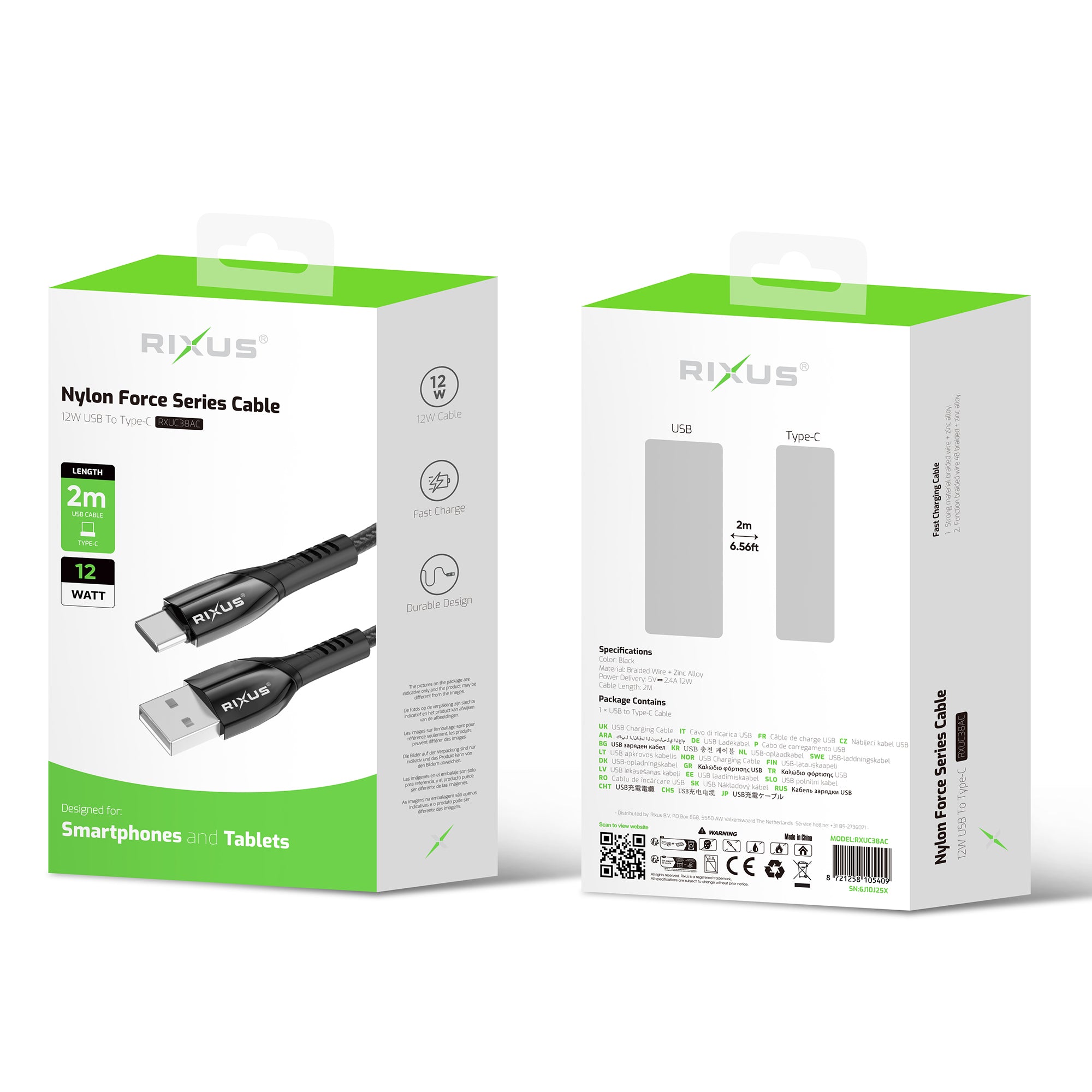 Rixus RXUC38AC Charging Cable USB-A To USB-C Braided Nylon 2m Black