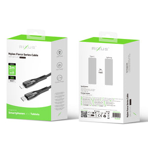 Rixus RXUC39L Fast Charging Cable USB-C To Lightning Nylon 3m Black