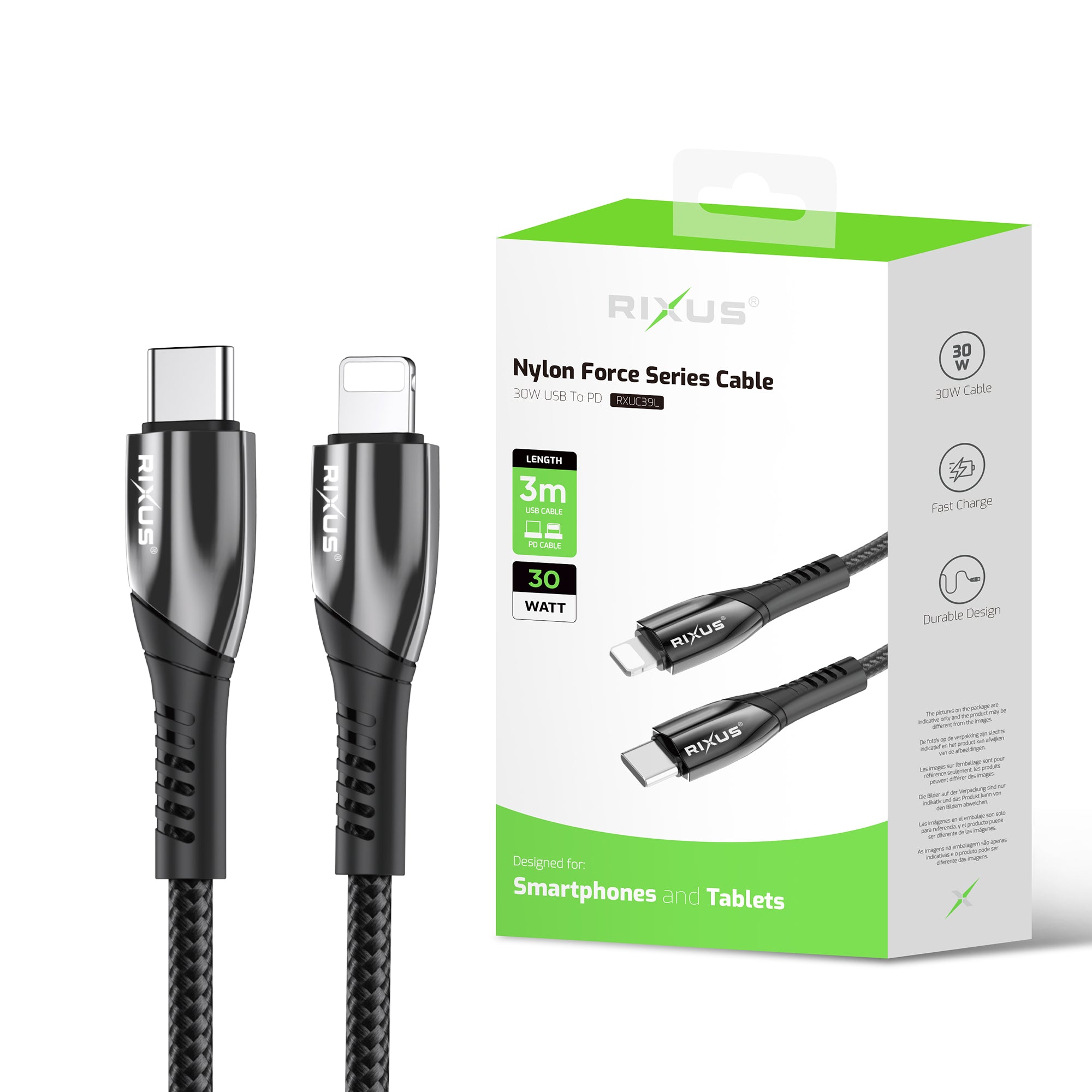 Rixus RXUC39L Fast Charging Cable USB-C To Lightning Nylon 3m Black