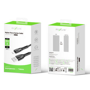 Rixus RXUC39AL Charging Cable USB-A To Lightning Connector Nylon 3m Black