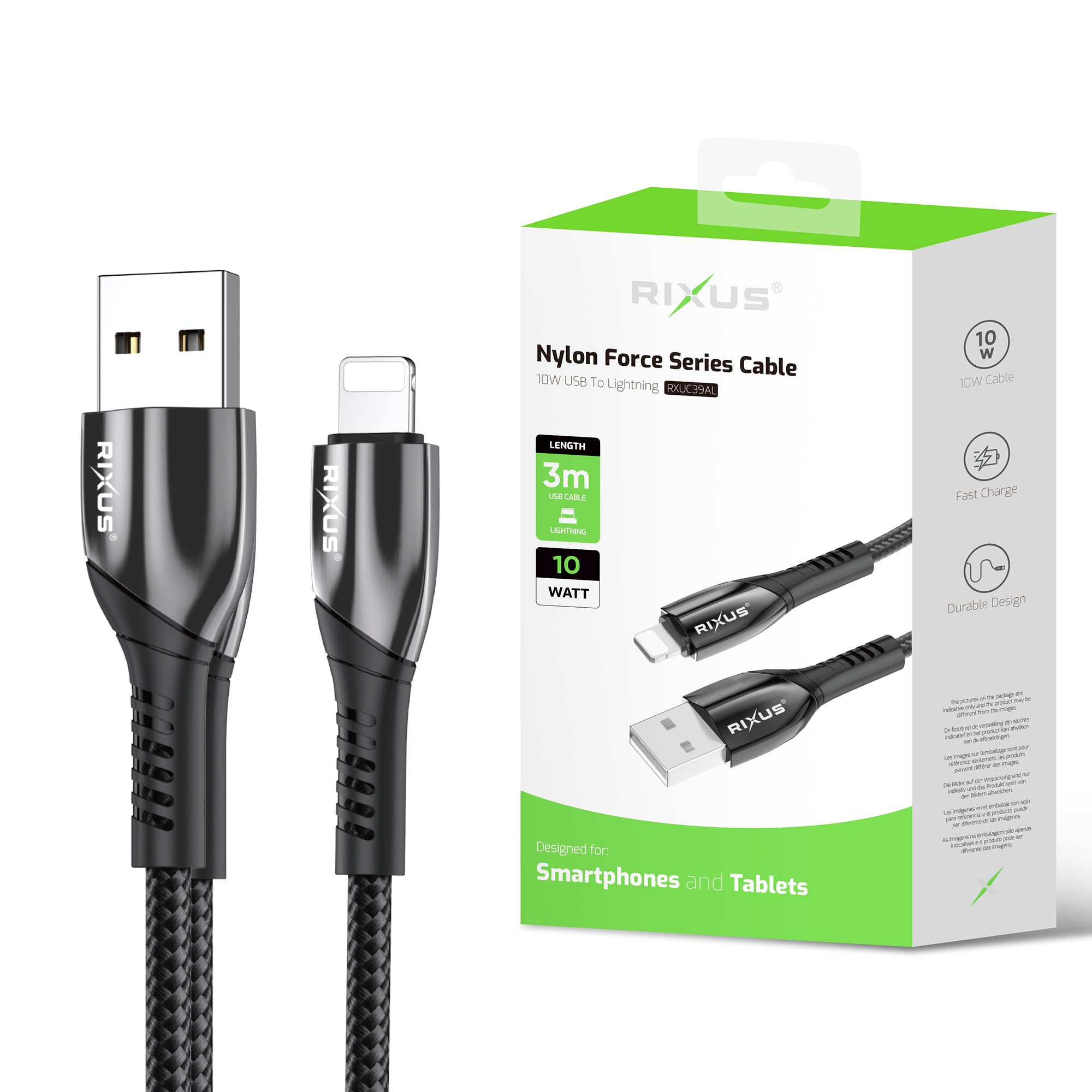 Rixus RXUC39AL Charging Cable USB-A To Lightning Connector Nylon 3m Black
