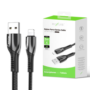 Rixus RXUC39AL Charging Cable USB-A To Lightning Nylon 3m Black