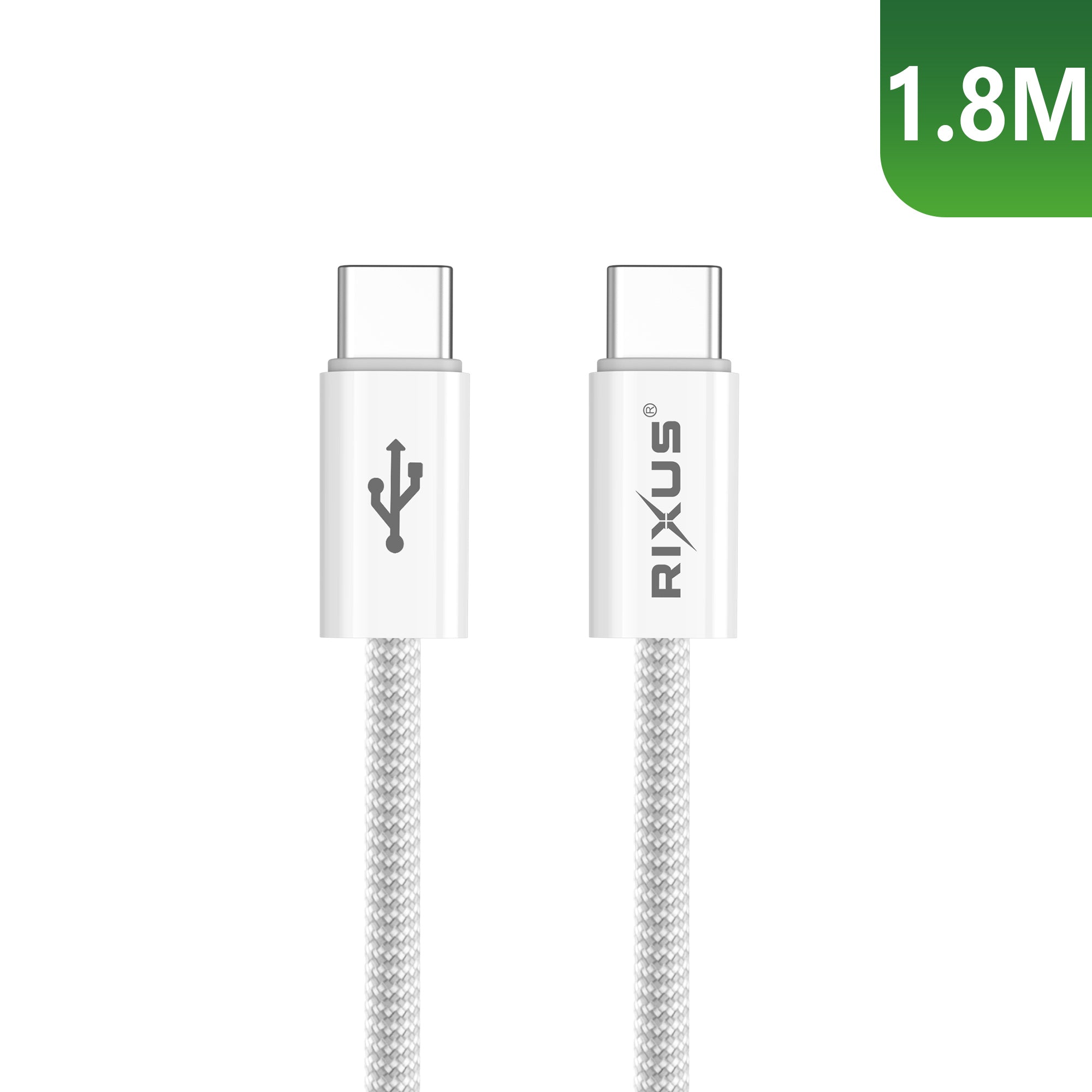 Rixus RXUC08C Fast Charging Cable USB-C To USB-C Cable Braided Nylon 1.8m White