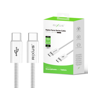 Rixus RXUC08C Fast Charging Cable USB-C To USB-C Cable Braided Nylon 1.8m White