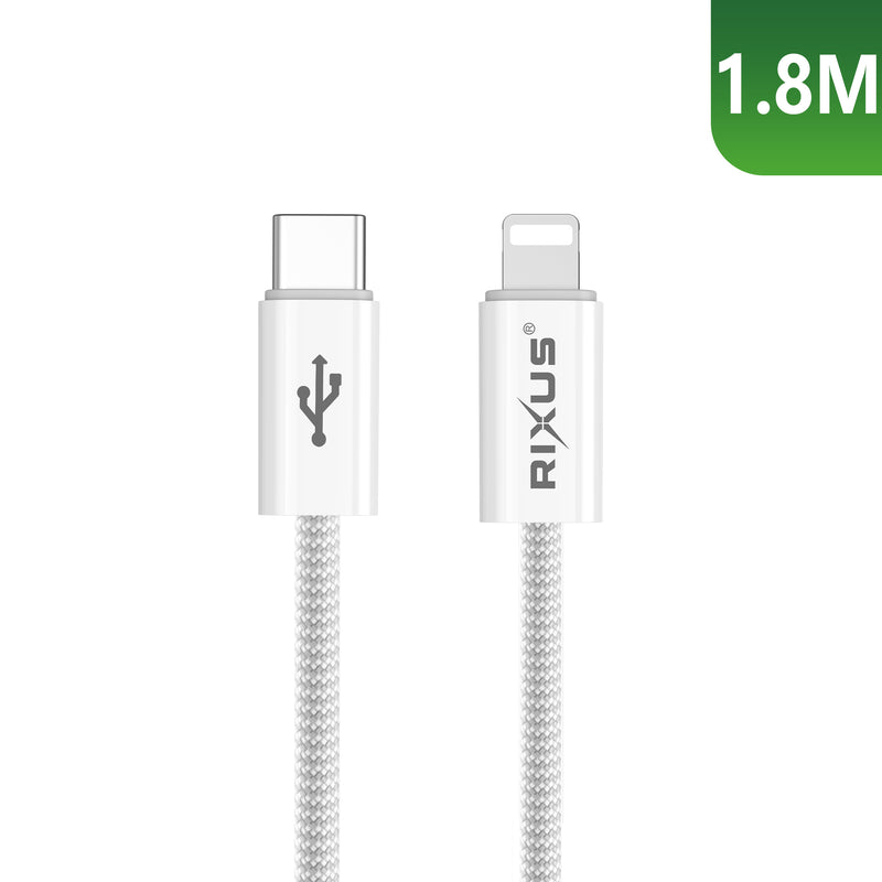 Rixus RXUC08L Fast Charging Cable USB-C To Lightning Cable Braided Nylon 1.8m White