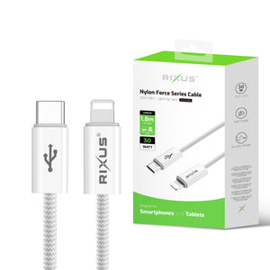 Rixus RXUC08L Fast Charging Cable USB-C To Lightning Cable Braided Nylon 1.8m White