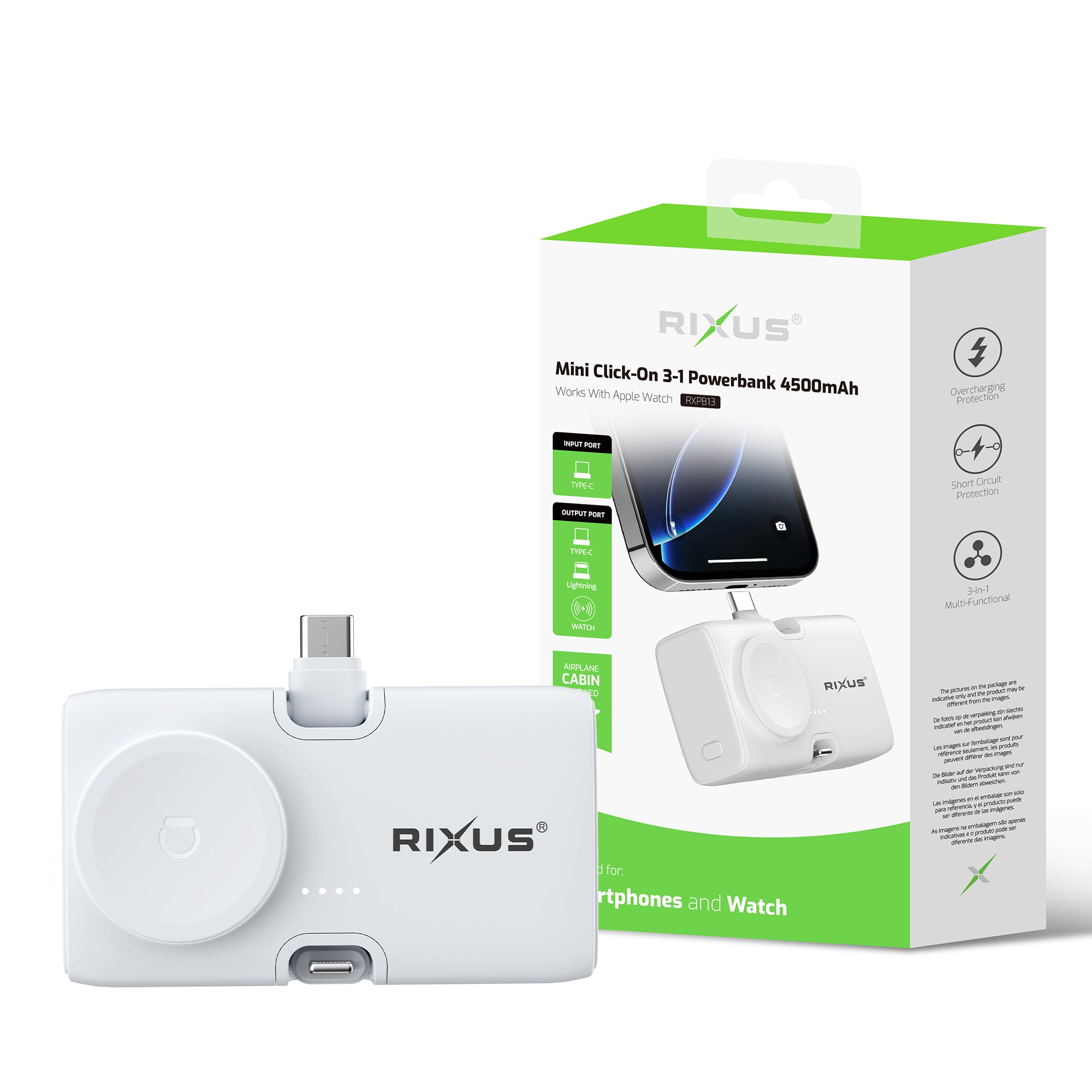 Rixus RXPB13 Mini Click-On 3 in 1 Powerbank 4.500mAh White