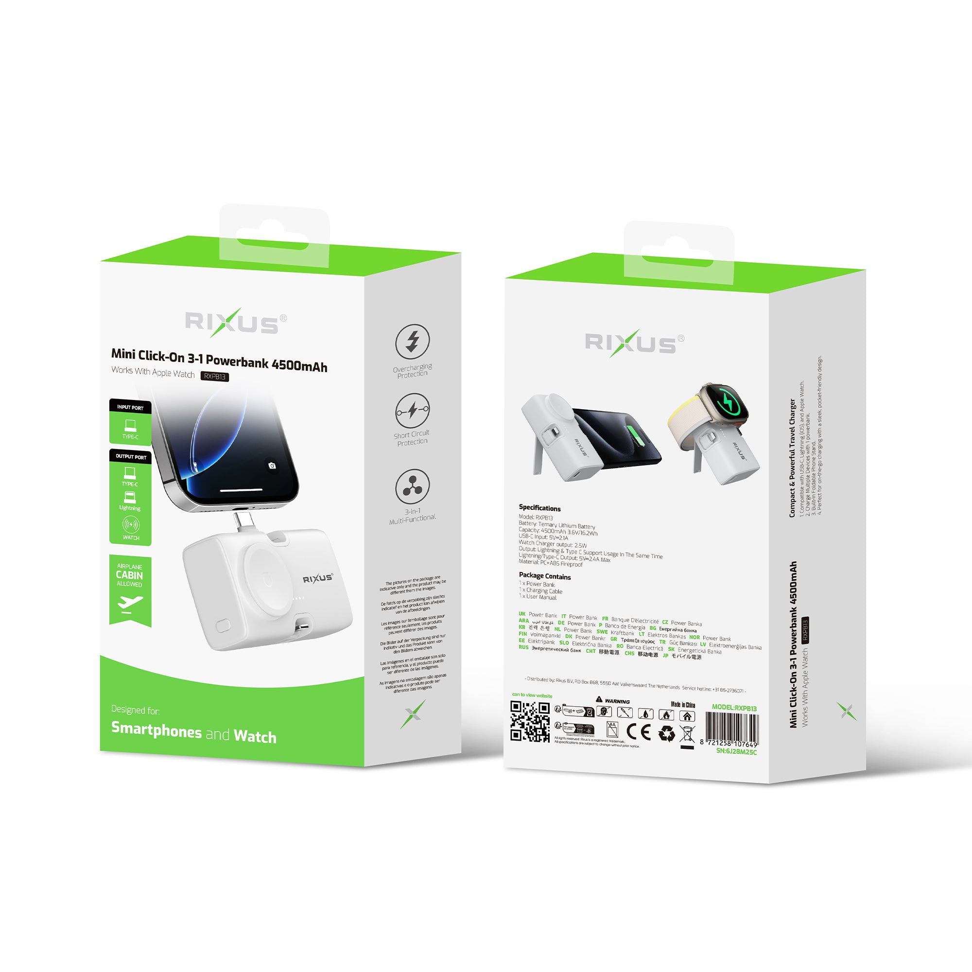 Rixus RXPB13 Mini Click-On 3 in 1 Powerbank 4.500mAh White