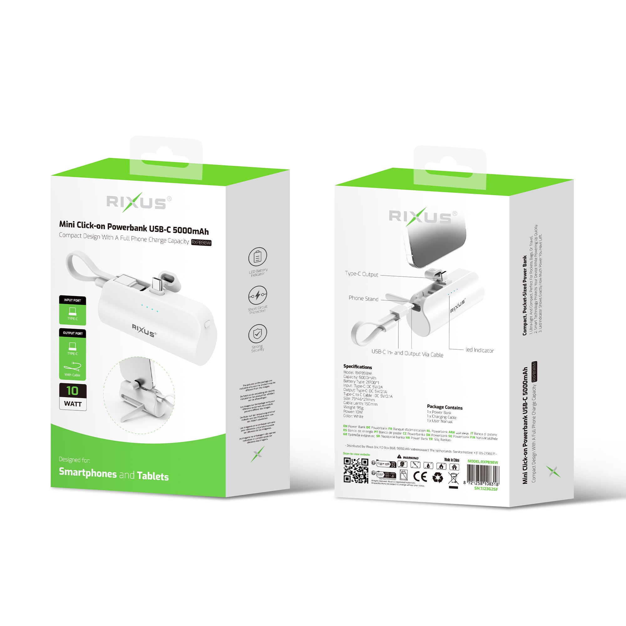 Rixus RXPB98W Mini Click-On Powerbank USB-C 5000mAh White