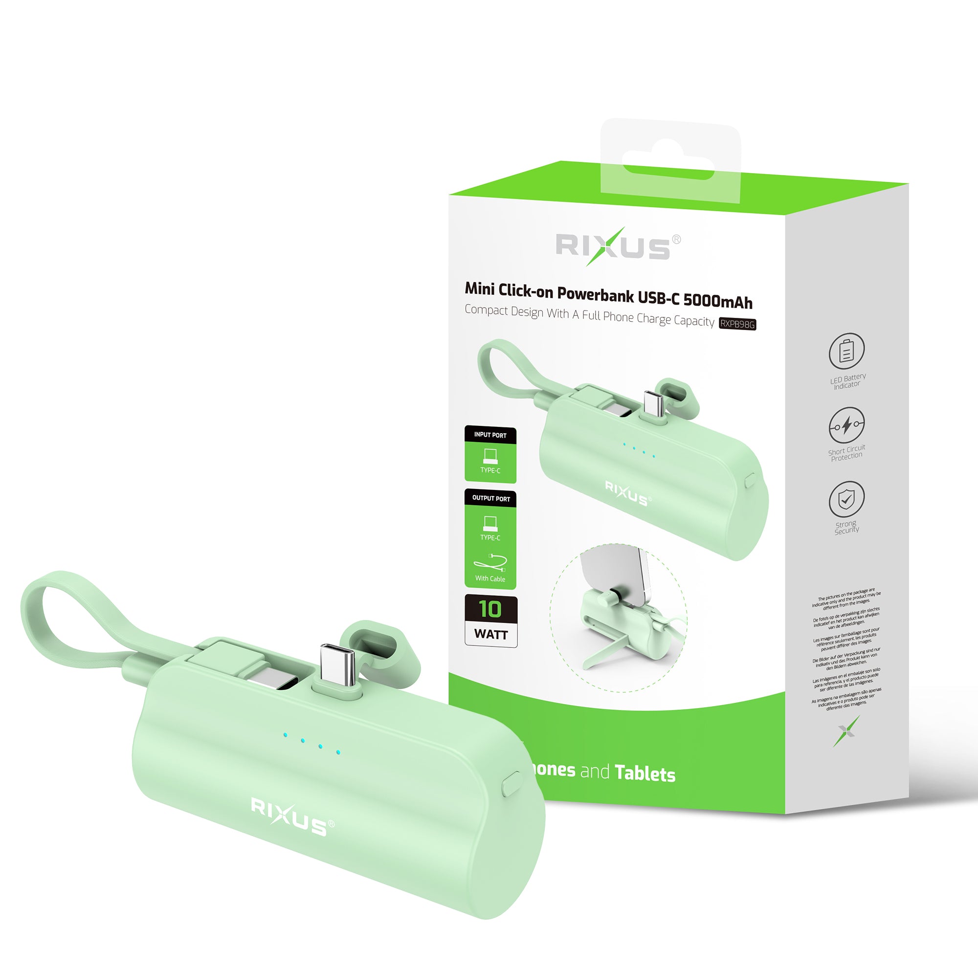 Rixus RXPB98G Mini Click-On Powerbank USB-C 5000mAh Green