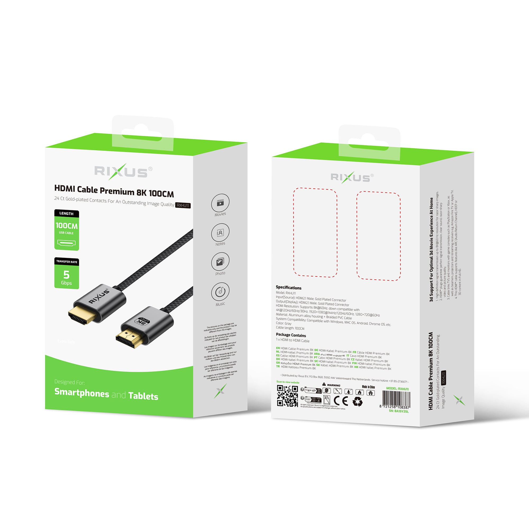 Rixus RXHU11 HDMI Cable Premium 8K 1m Space Gray