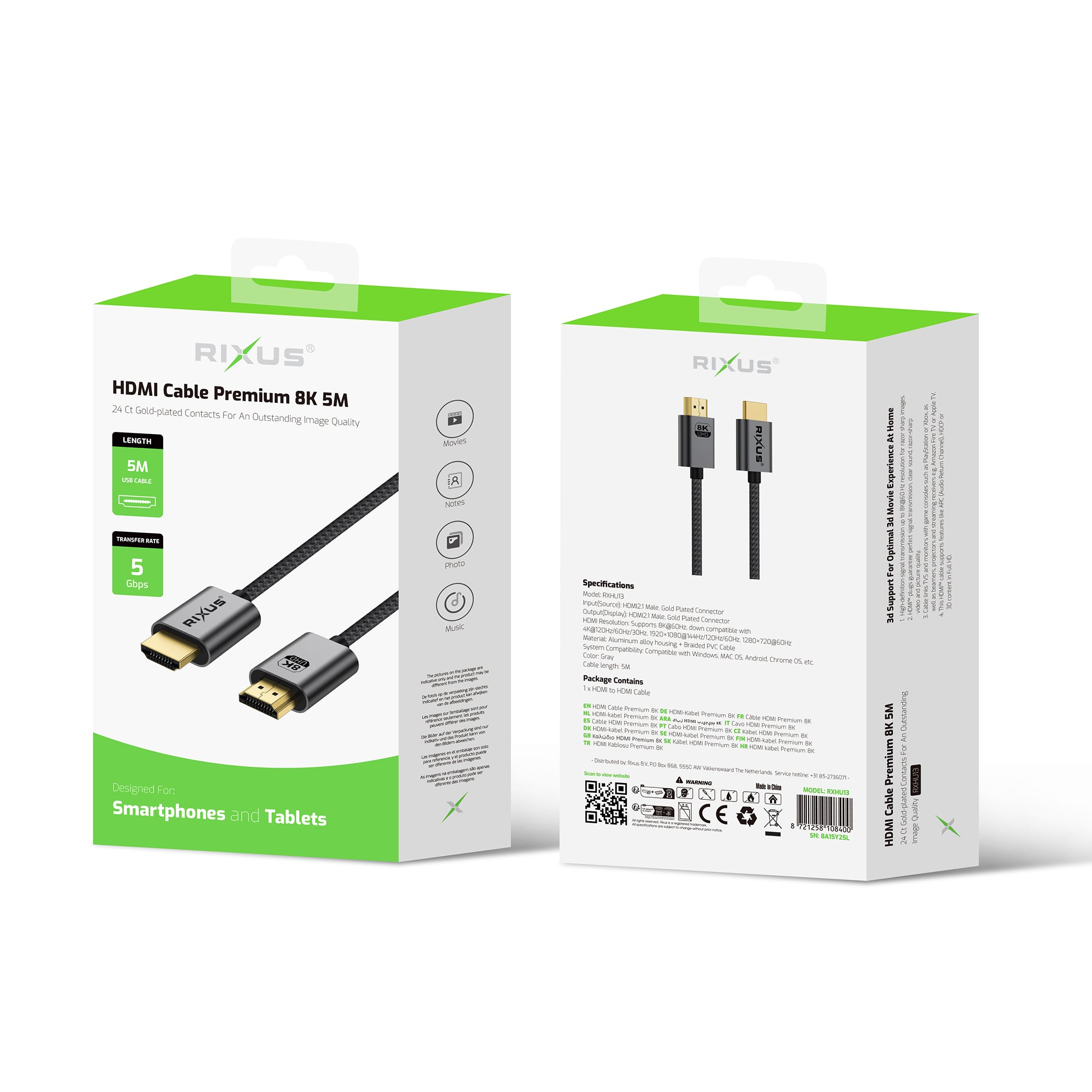 Rixus RXHU13 HDMI Cable Premium 8K 5m Space Gray