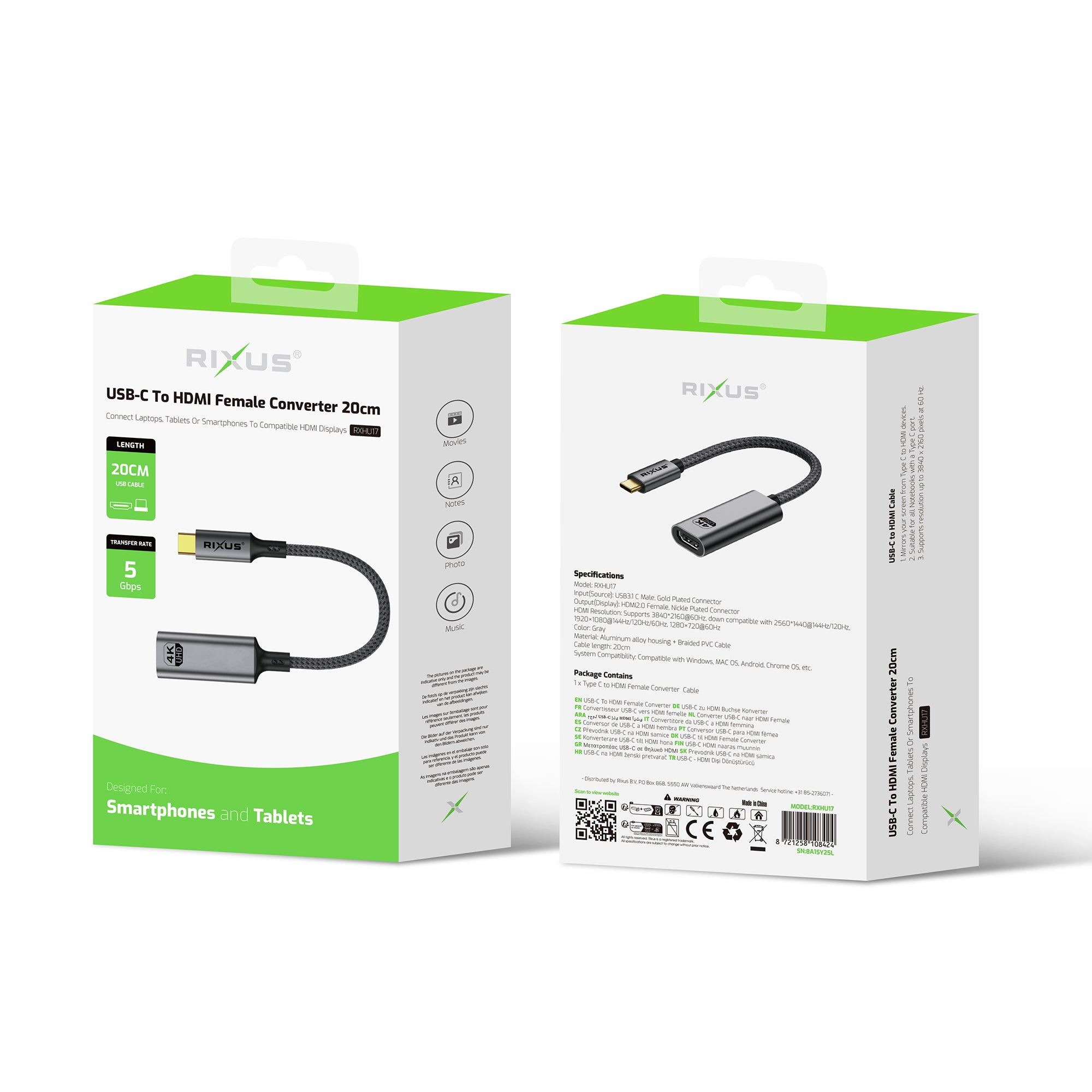 Rixus RXHU17 USB-C To HDMI Female Converter 20cm Space Gray