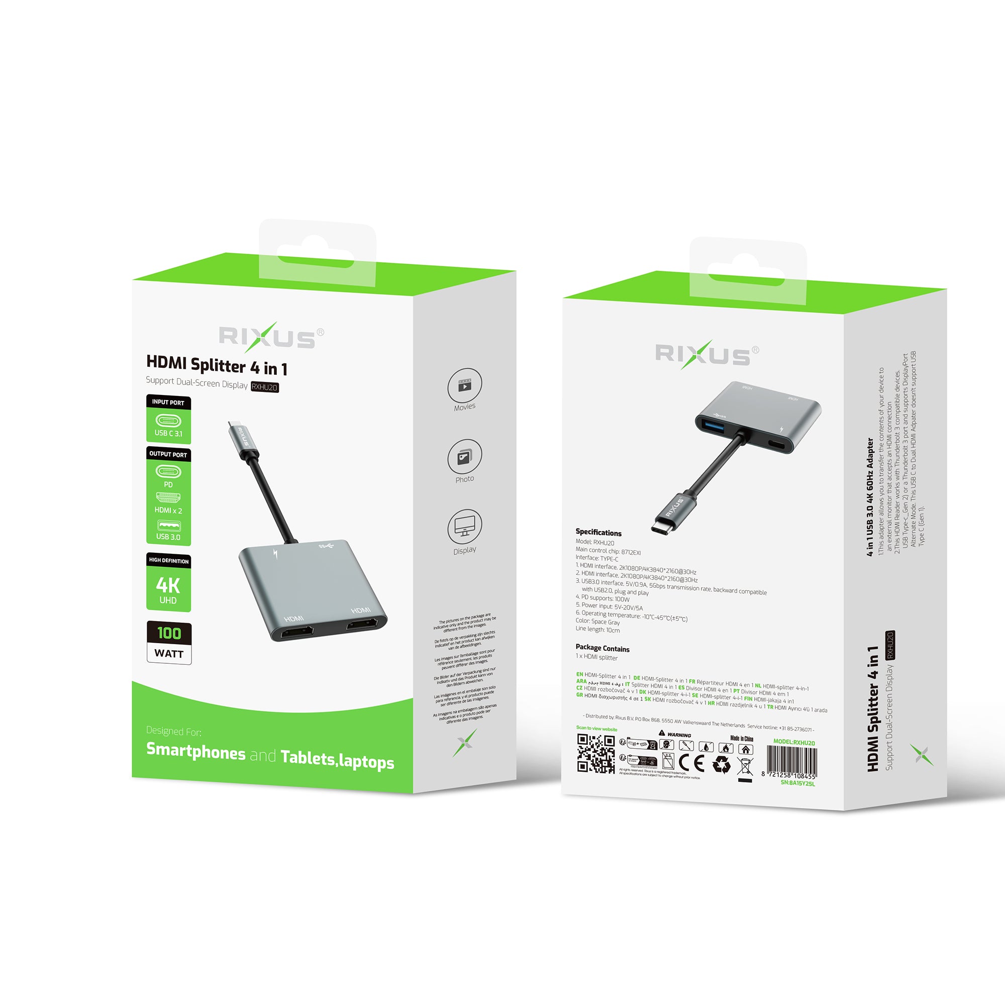 Rixus RXHU20 4 in 1 HDMI Splitter Space Gray