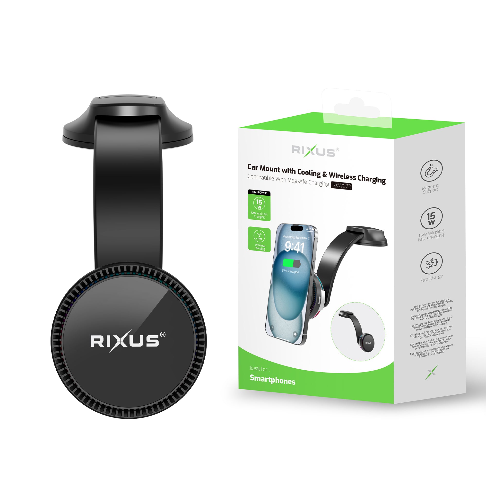 Rixus RXWC72 Car Mount With Cooling & Wireless Charging 15W Black
