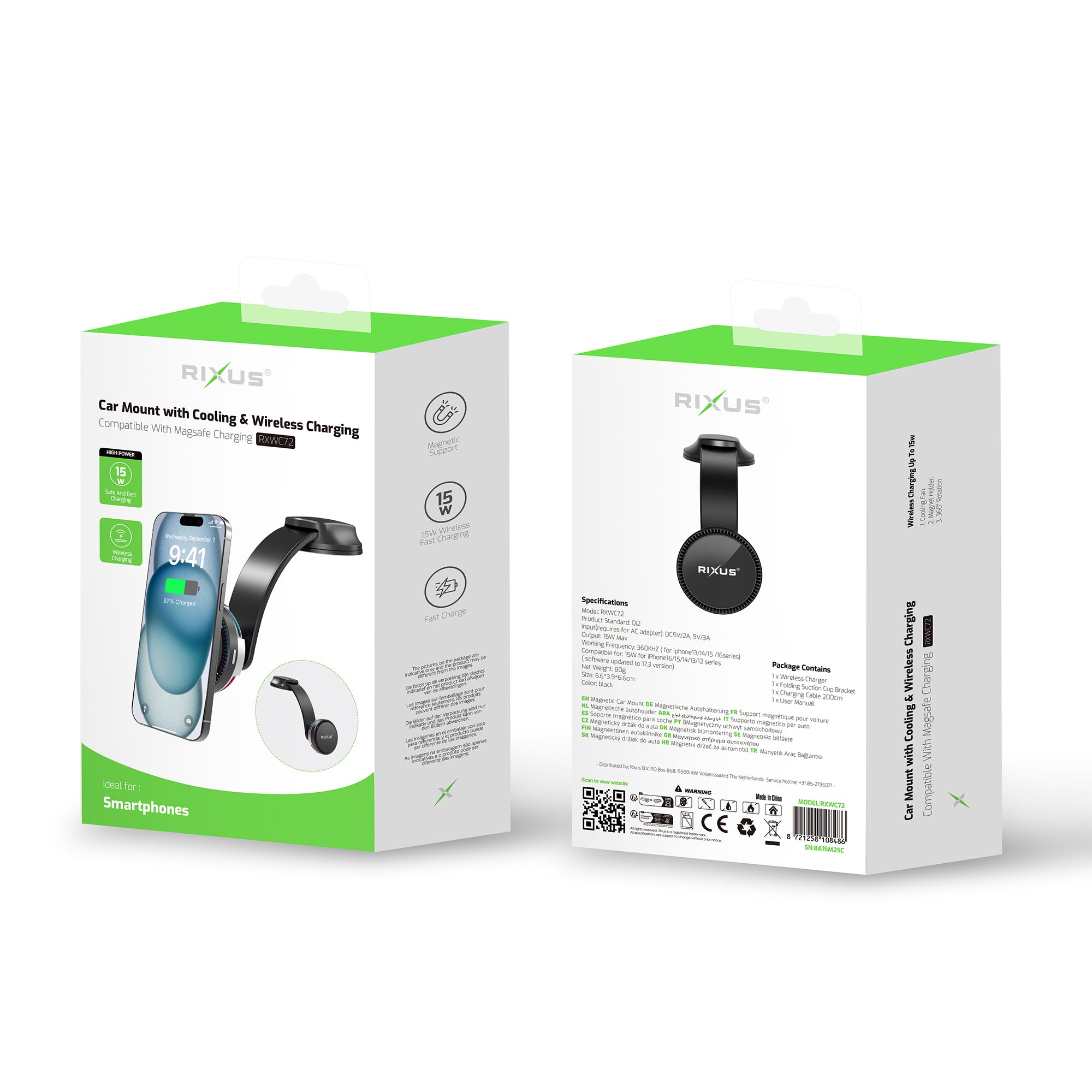 Rixus RXWC72 Car Mount With Cooling & Wireless Charging 15W Black