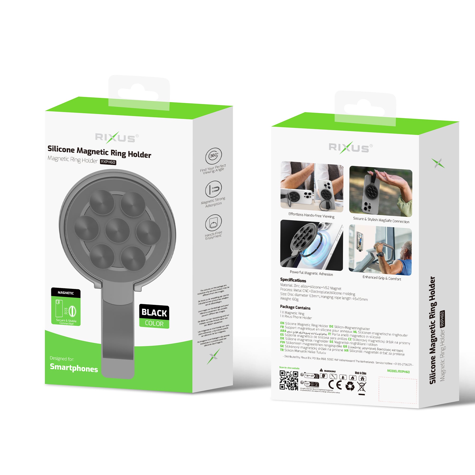Rixus RXPH60B Silicone Magnetic Ring Holder Black