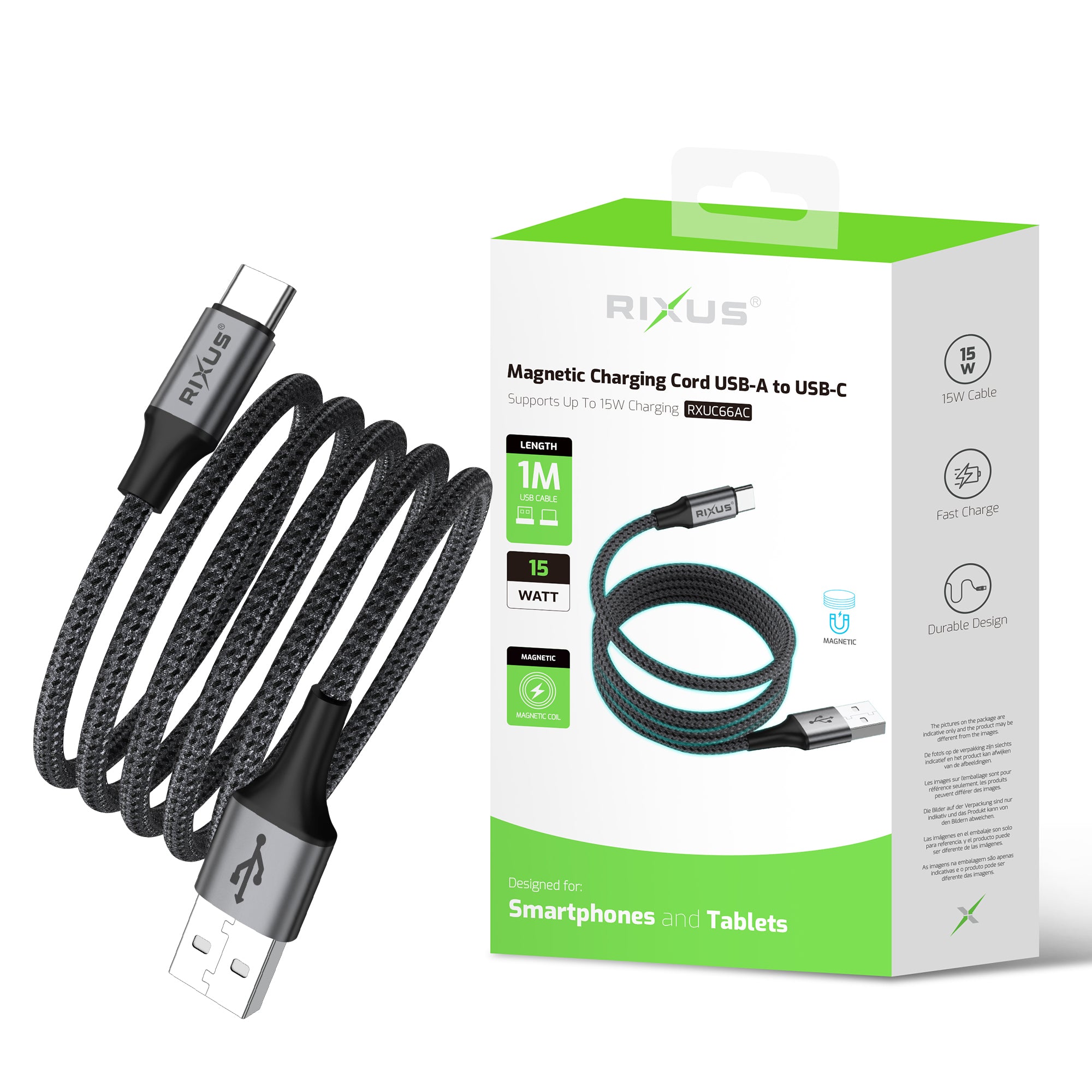 Rixus RXUC66AC Magnetic Charging Cord USB-A To USB-C 100cm 15W Black