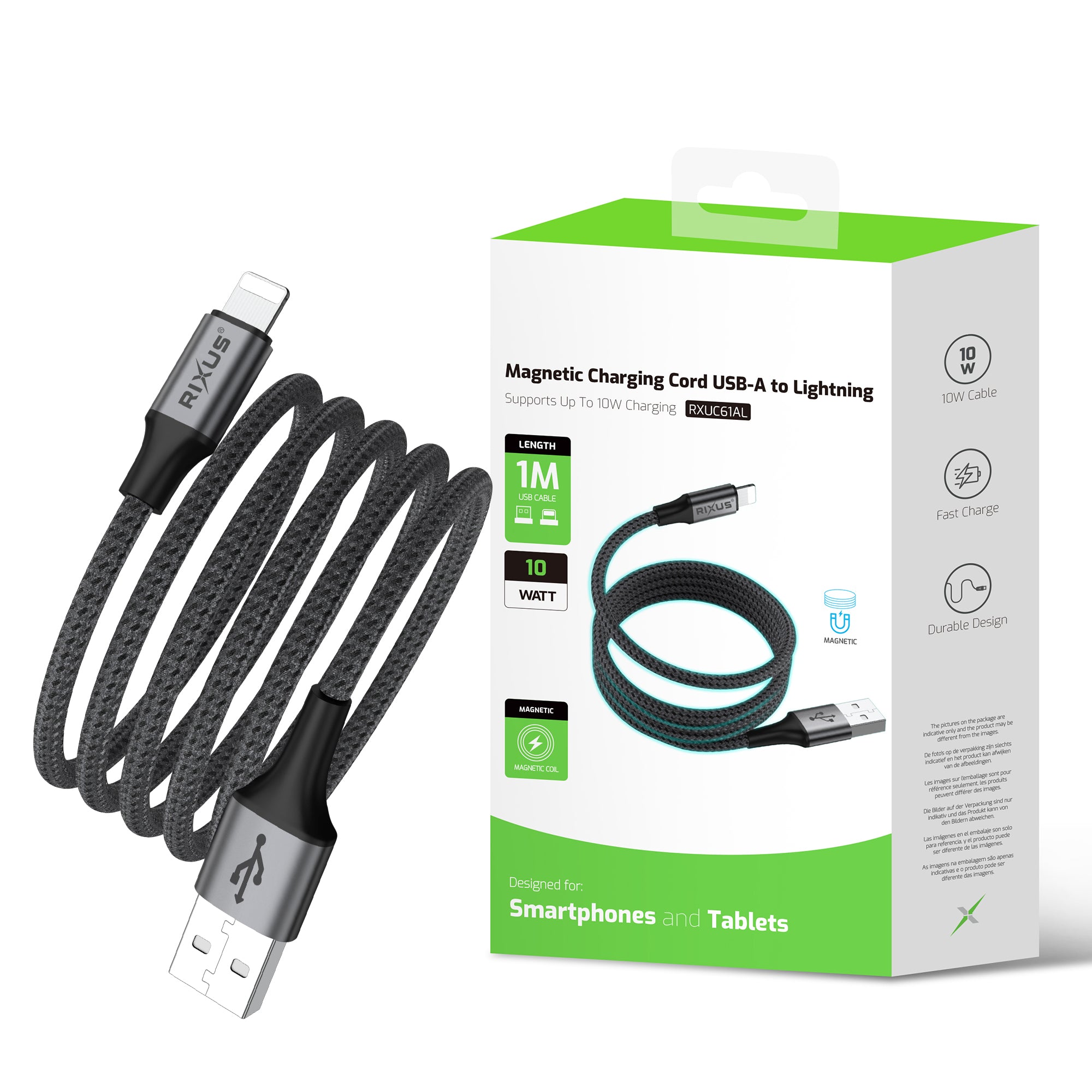 Rixus RXUC66AL Magnetic Charging Cord USB-A To Lightning 100cm 10W Black